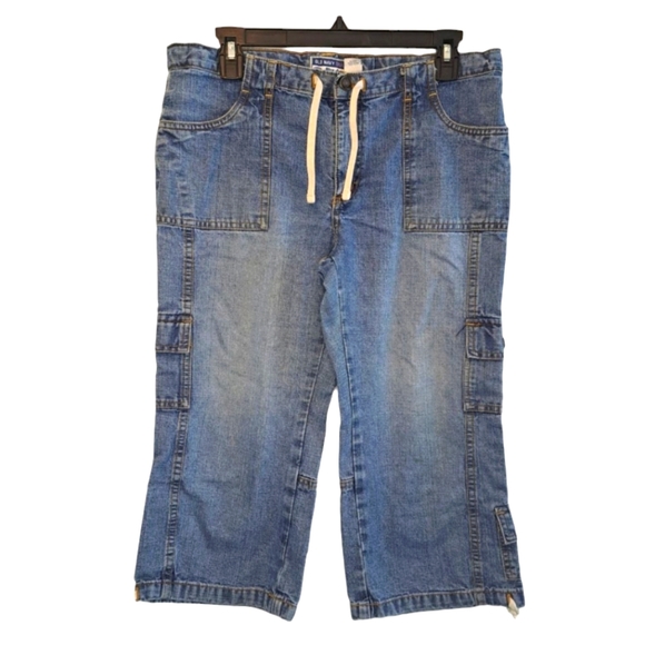Old Navy Girl's Adjustable Tie Waist Cargo Capris Crops Denim Jeans Size 16.5 - Picture 2 of 8
